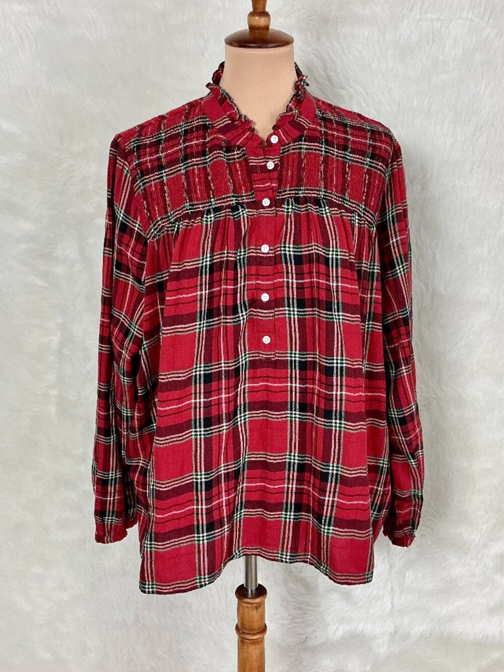 J. Crew BN142 Red Plaid Flannel Ruffle Neck Smocked Blouse Holiday Preppy 3X